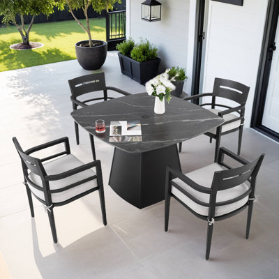 5-Piece Outdoor Dining Set with 44" Sintered Stone Table & 4 Rust-Free Arm Aluminum Chairs, Sun brella Cushions, for Patio/Pool/Terrace, Durable & Sty by Orren Ellis