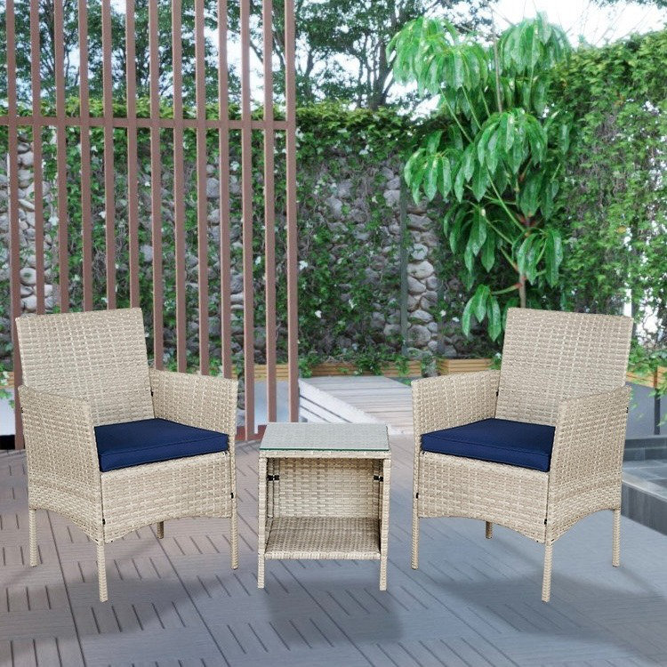 Ensemble de conversation avec coussins 3 pièces Jasone, Bleu foncé, Beige