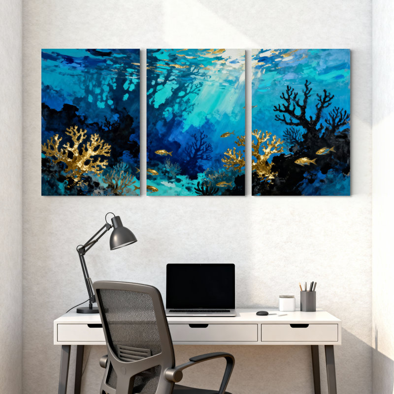 Ensemble de 3 impressions sur toile récif de corail sous l'eau avec décorations dorées, H 30 po x l 60 po