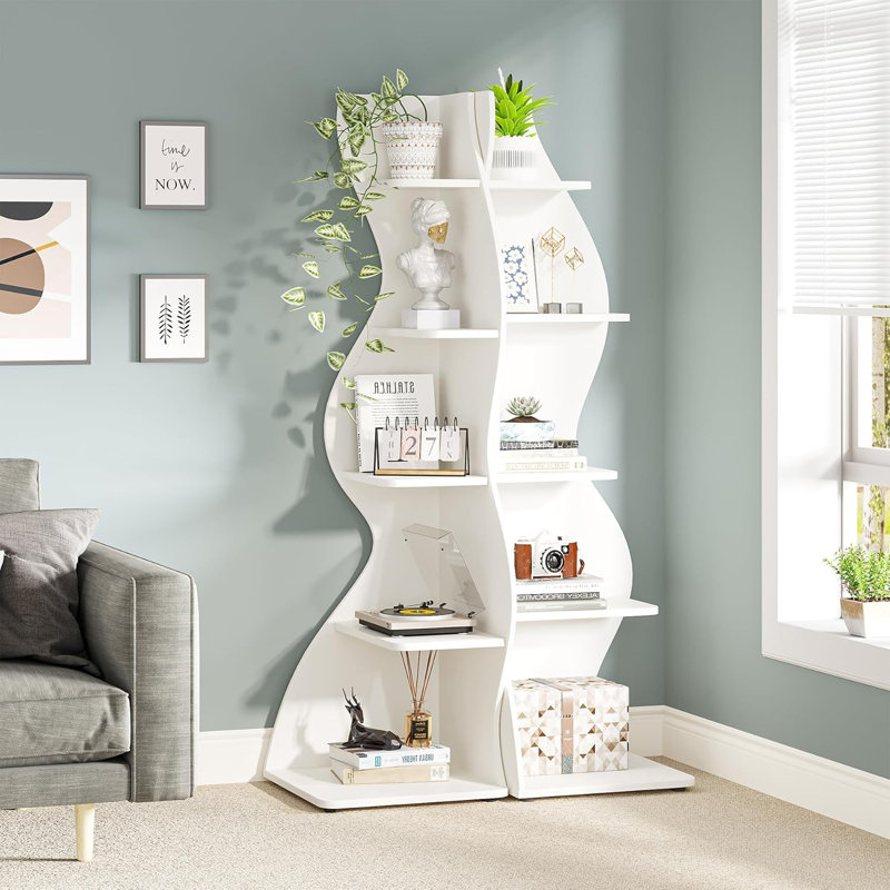 TribeSigns 5-Tier Corner Shelf, Modern Wall Corner Bookshelf Bookcase, White