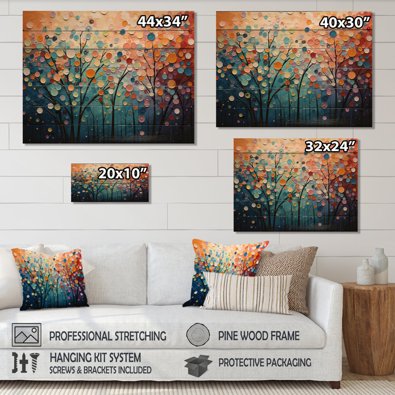«Kasheem Romantic Forest Pointillism Landscape», impression sur bois, H 24 po x l 32 po x P 0,78 po