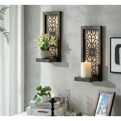 Ensemble de 2 appliques murales en bois sculpté, à volutes vieillies, pour bougies piliers, foyer