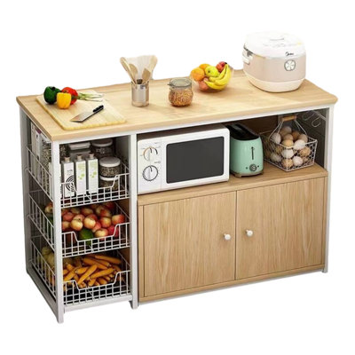 A Modern-style Kitchen Storage Rack With Cabinets, Combining Natural Oak Medium-density Fiberboard With A Sturdy Steel Frame.