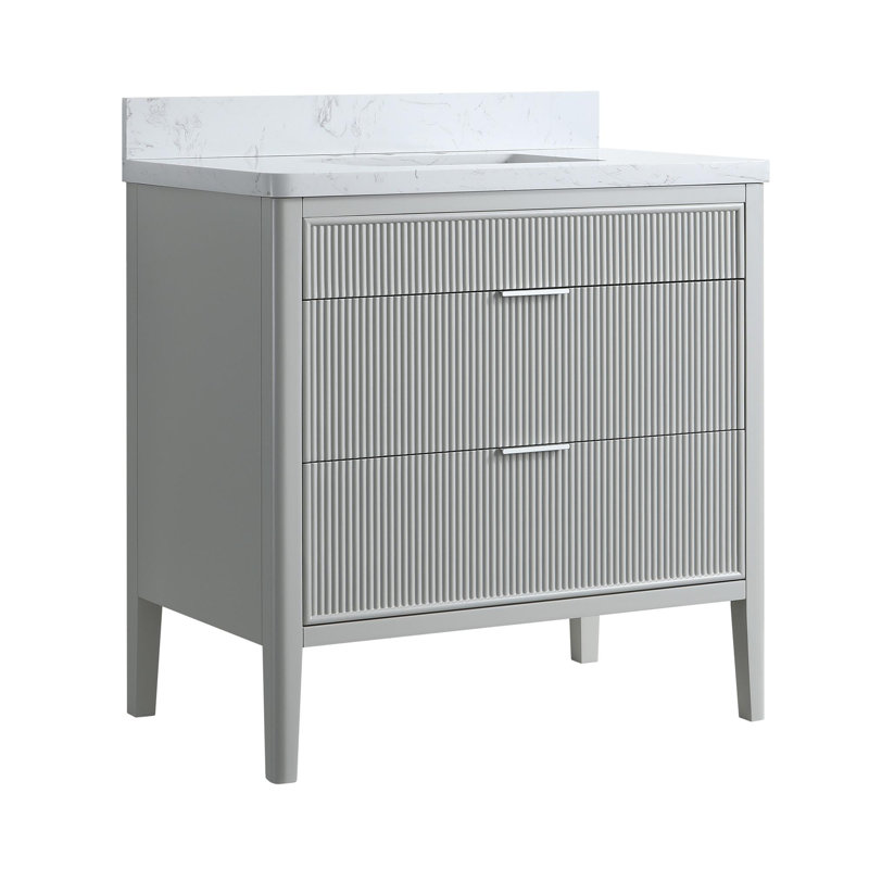 Meuble-lavabo sur pied simple 36 po avec structure en bois massif et plateau en marbre d'ingénierie 36 po, Gris