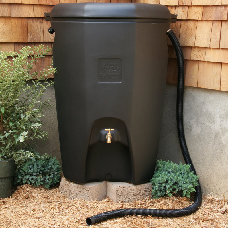 Rain Water Solutions Weather Resistant Plastic Drainable Dual Overflow Rain Barrel and Hose