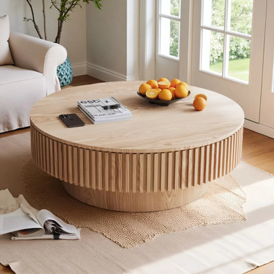 Table basse 39 po ronde avec rangement, table basse moderne en bois avec piédestal
