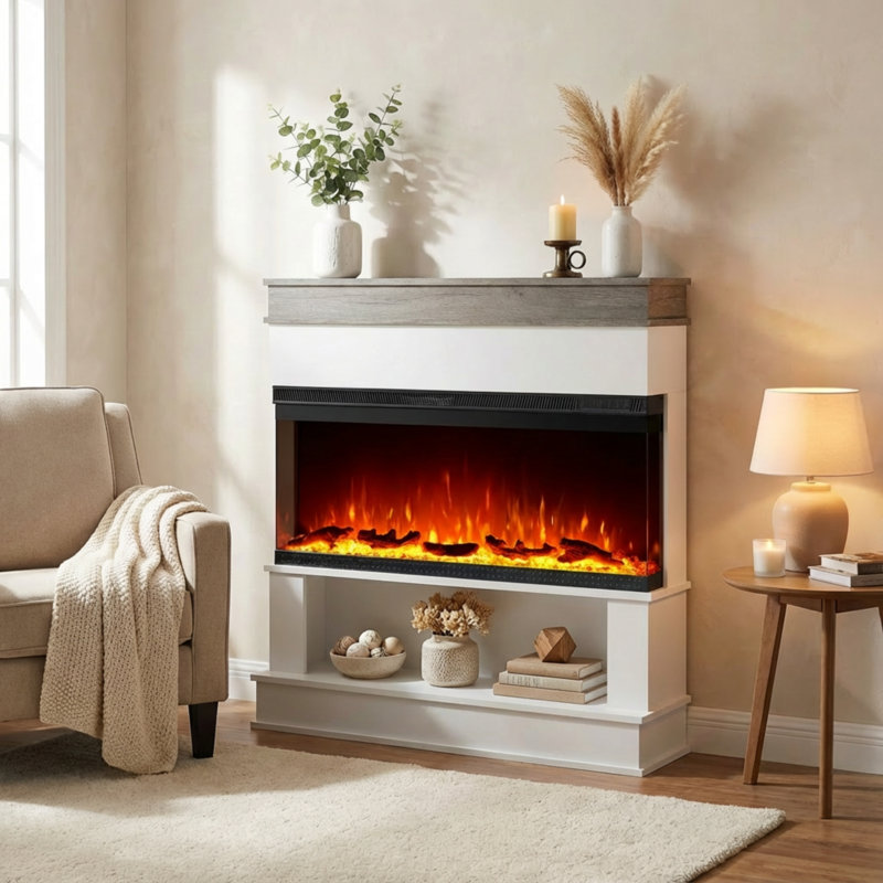 3-Sided View Simulated Electric Fireplace - Wood Grain Finish, 12-Color Flame, Dual Power & Bottom Storage, White