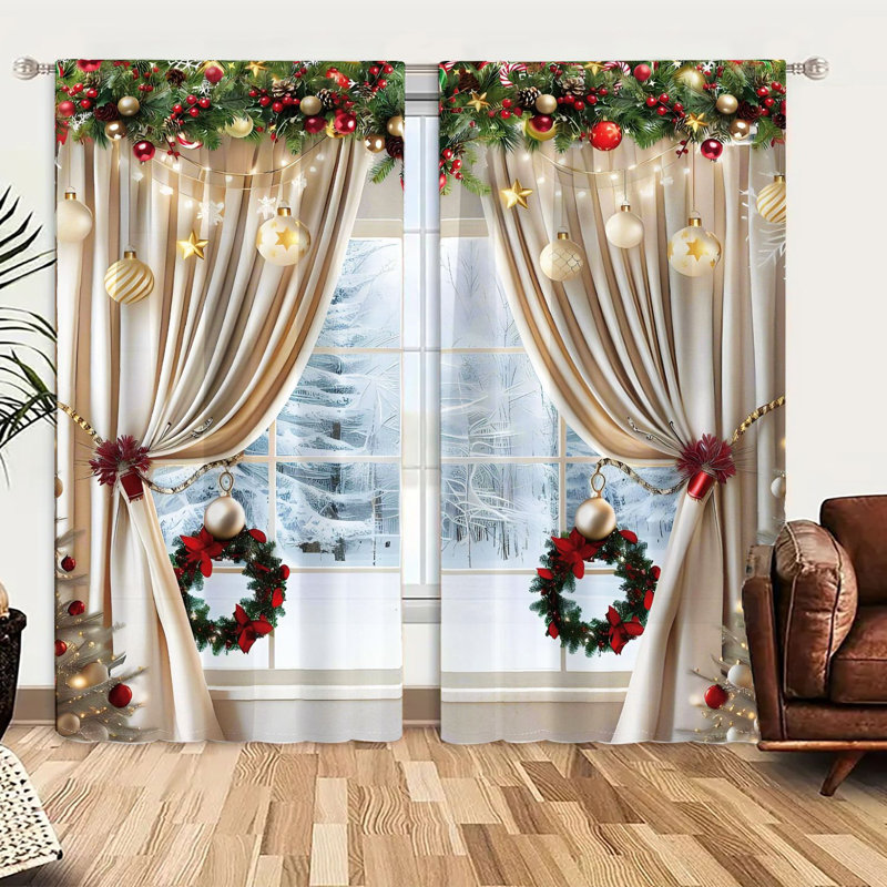2Pcs Christmas Festive Curtains with Ornaments & Wreath Design - Rod Pocket, Light Filtering Holiday Window Treatment for Living Room Bedroom Kitchen Elegant Winter Scene Beige Background and Evergreen Garland Decoration