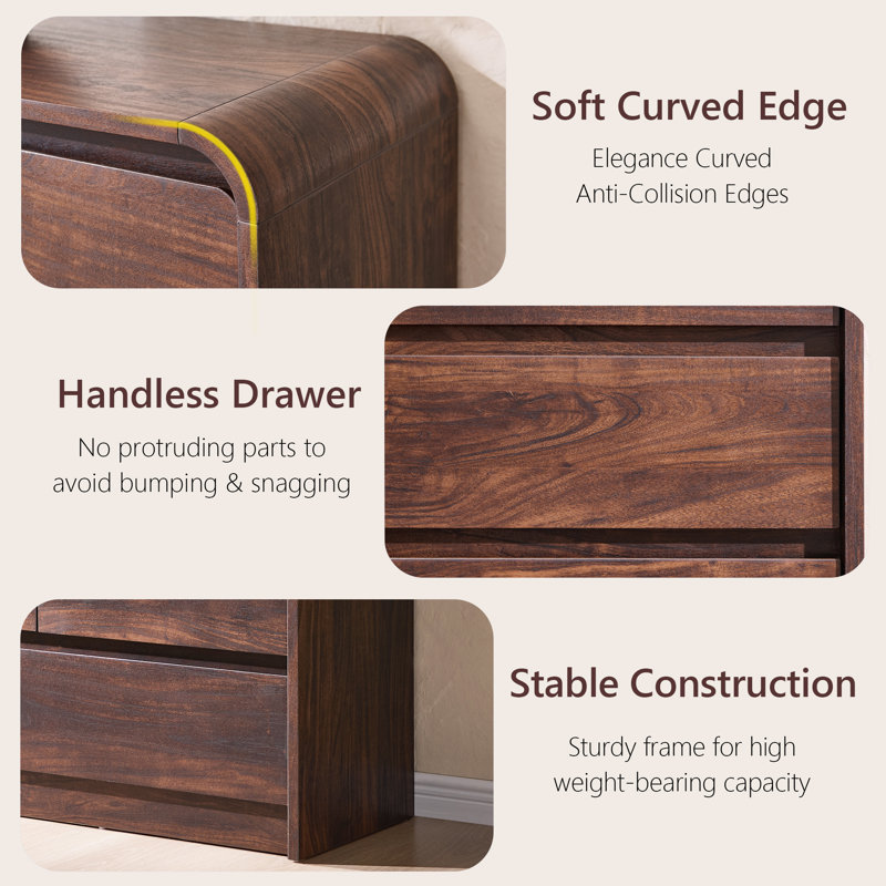 Commode moderne à 8 tiroirs de 55 po de largeur avec profil profilé incurvé pour chambre à coucher, salon, Brun