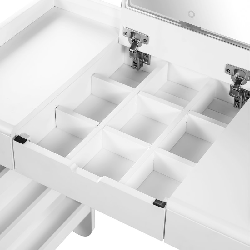 Ensemble de coiffeuse maquillage avec miroir rabattable, DEL, tiroirs et rangement latéral, Blanc