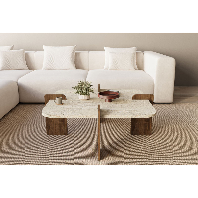 Table basse carrée en travertin et noyer, Travertin noyer, Beige