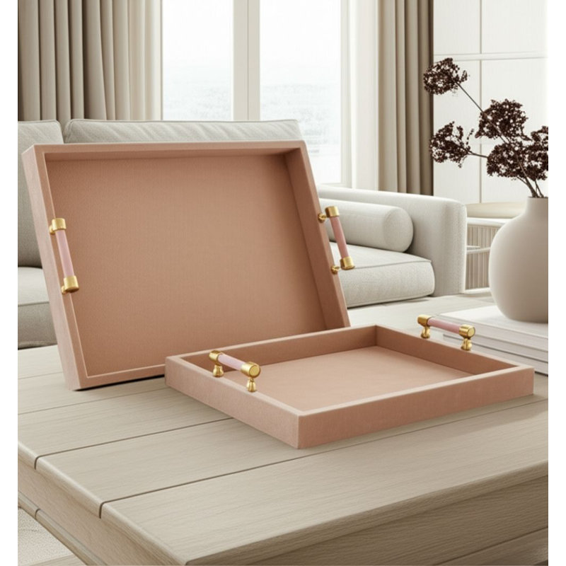 Selenite Handles Rectangular Suede Ottoman Tray - Versatile Decorative Tray For Coffee Table Or Home Decor Accent Tray - Set Of 2, 20", Tan