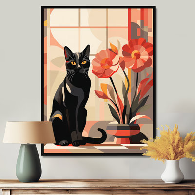 Retro Black Cat Sitting By Red Flowers - Cat Wall Art Living Room