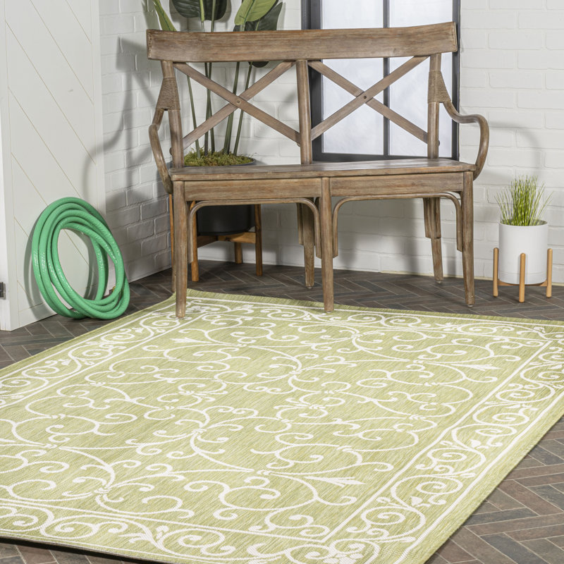 Dauphinais Vintage Filigree Textured Weave Green/Cream Indoor/Outdoor Rug, Rectangle 7'9" x 10'