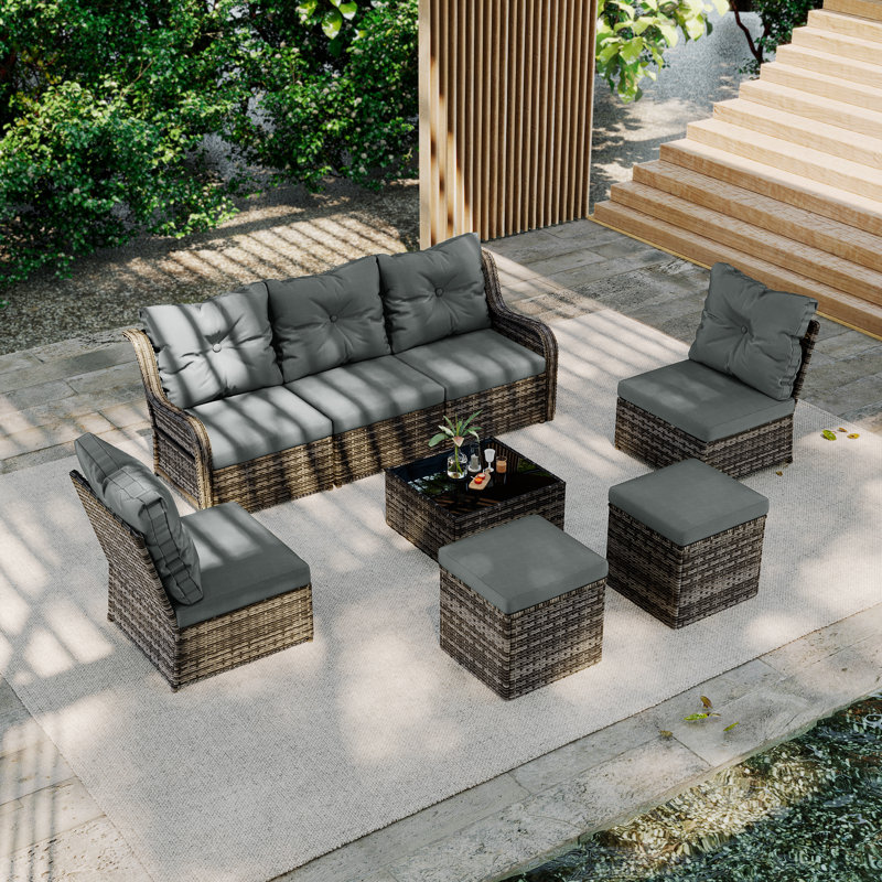 Louann Five-person Group Outdoor Wicker Set With Wicker Coffee Table And Two Ottomans, Beige, Gray Brown