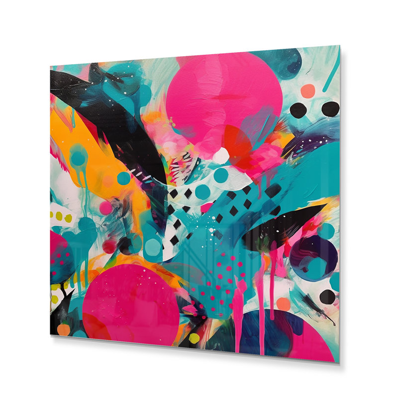 Enigme abstraite rose et turquoise I - Impression abstraite sur métal, H 23 po x l 23 po x P 1 po