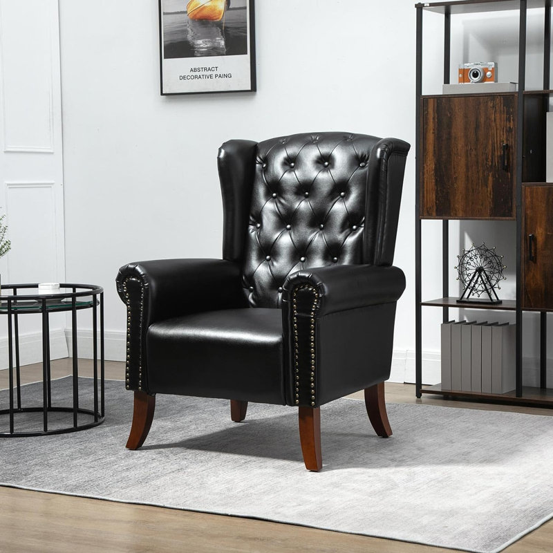Dreggors Faux Leather Wingback Chair, Black Faux Leather