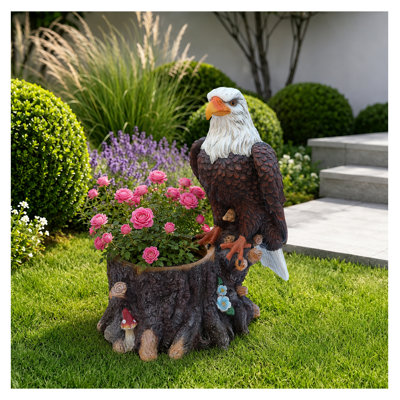 Standing Eagle Planter - Outdoor Garden Decor - Polyresin Wildlife Flower Pot for Lawn & Patio - Realistic Tree Stump Design - Detailed Artistry Black Brown