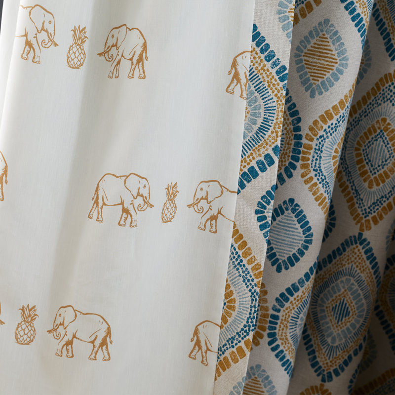 Ziri Geo Lined Eyelet Curtains, Teal/Yellow, 168 W x 137 D cm