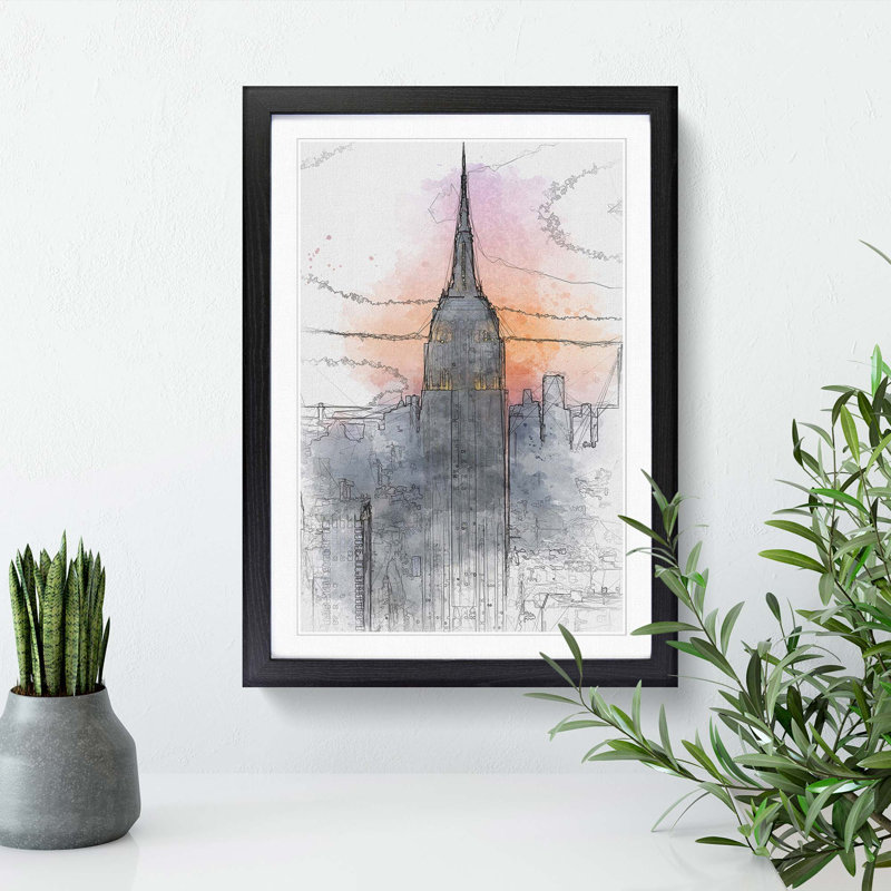Empire State Building Sunset in Abstract - Picture Frame Graphic Art Print, 48cm H x 36cm W x 2cm D, Black Framed