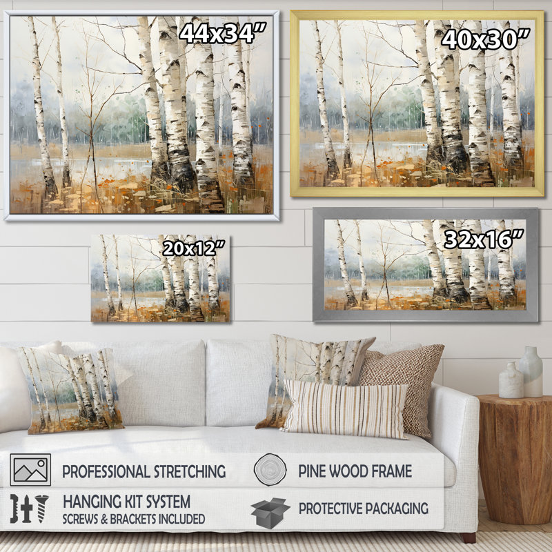 Minimalisme, arbre, bouleaux, souffle sur toile, Cadre flottant noir, H 34 po x l 44 po x P 1,5 po