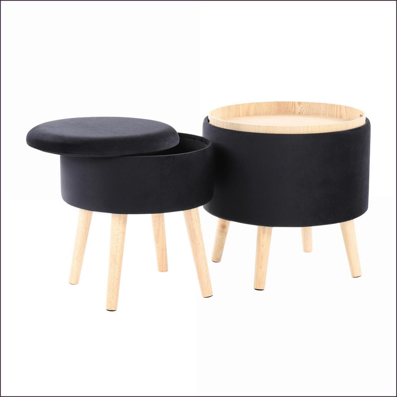 Repose-pieds avec plateau, tabouret assorti et rangement - Velours noir contemporain | Pieds en bois | Noyer brun