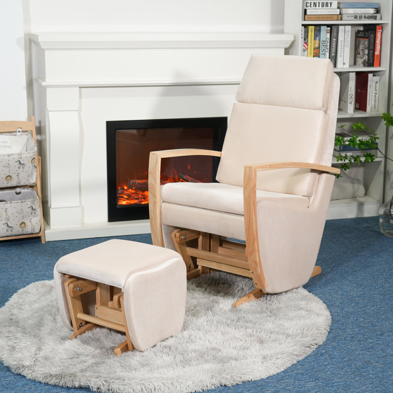 Fauteuil oscillant avec repose-pieds Baylis, Crème, crème, Natural Wood
