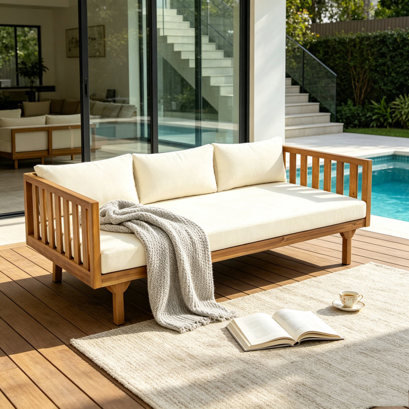 Canapé de patio 3 places, beige, Teak