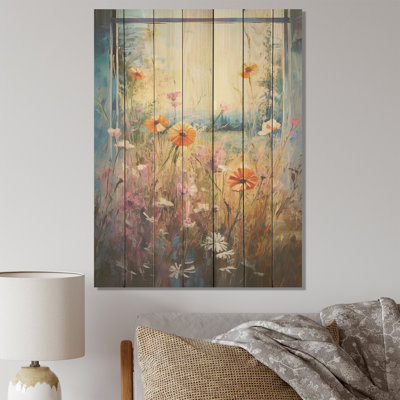 Orange et bleu, vue de prairie d'été - prairie sur bois