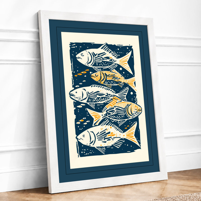 Five Fishes Rising Coastal - Framed Print, A4 - 29.7 x 21.0 cm, White