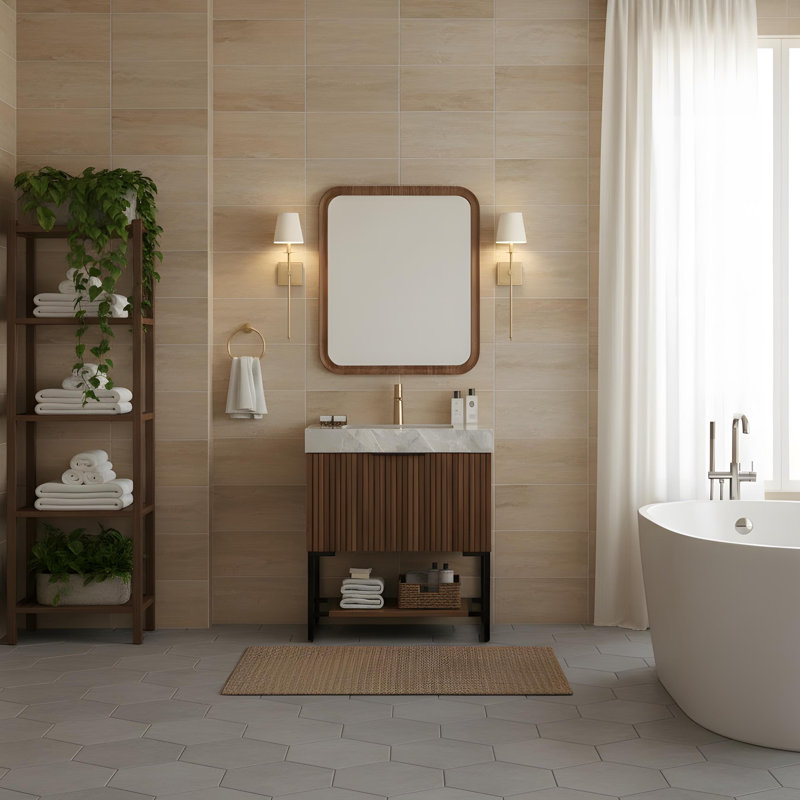 Armoire de salle de bain avec tiroir, 30", Noir / noyer foncé
