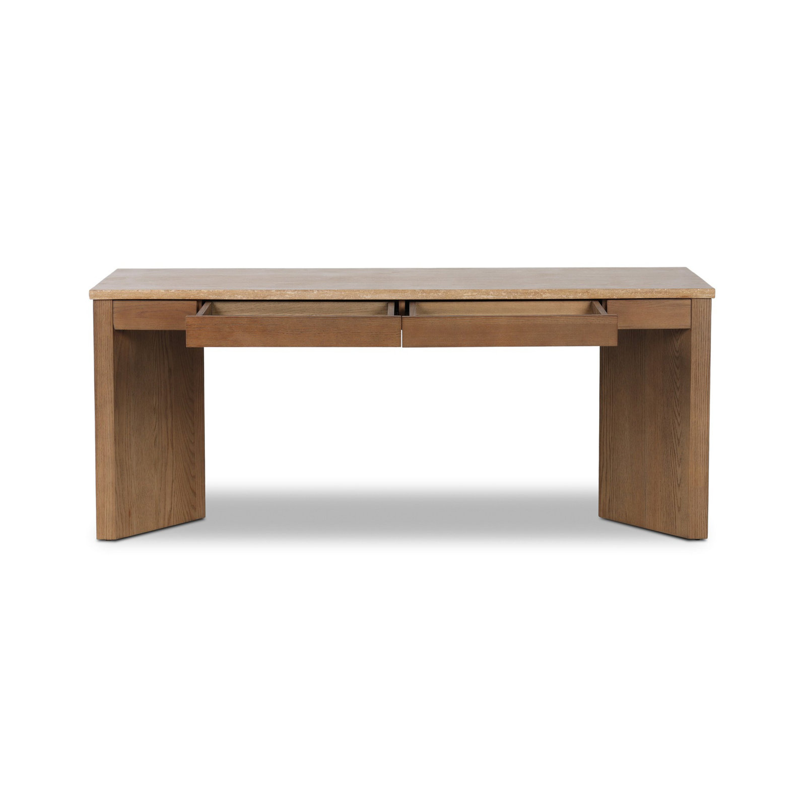 Writing Desk, Golden Travertine/Amber Oak Thin Veneer