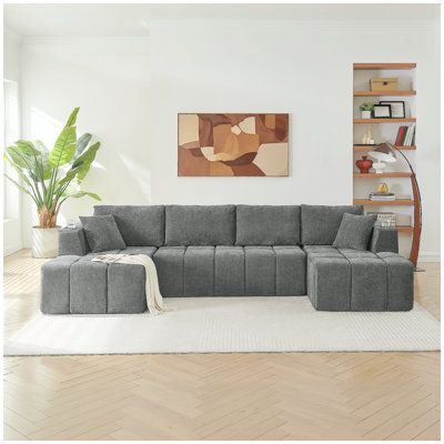 132" U-Shaped Chenille Sectional Sofa, Cloud Style Boneless Sofa with Lounges, Modern Upholstered Couch with Cup Holders & Side Pockets,Compression Sofa for Living Room, No Assembly Required,Dark Grey