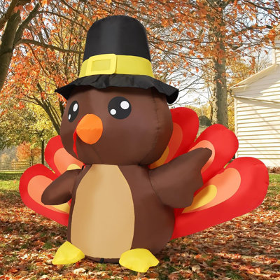 4 FT Thanksgiving Inflatable Turkey Baby with Pilgrim Hat & Built-in LEDs