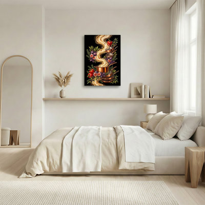 Art mural en cuivre pots et casseroles avec figues et poivrons sur toile noire