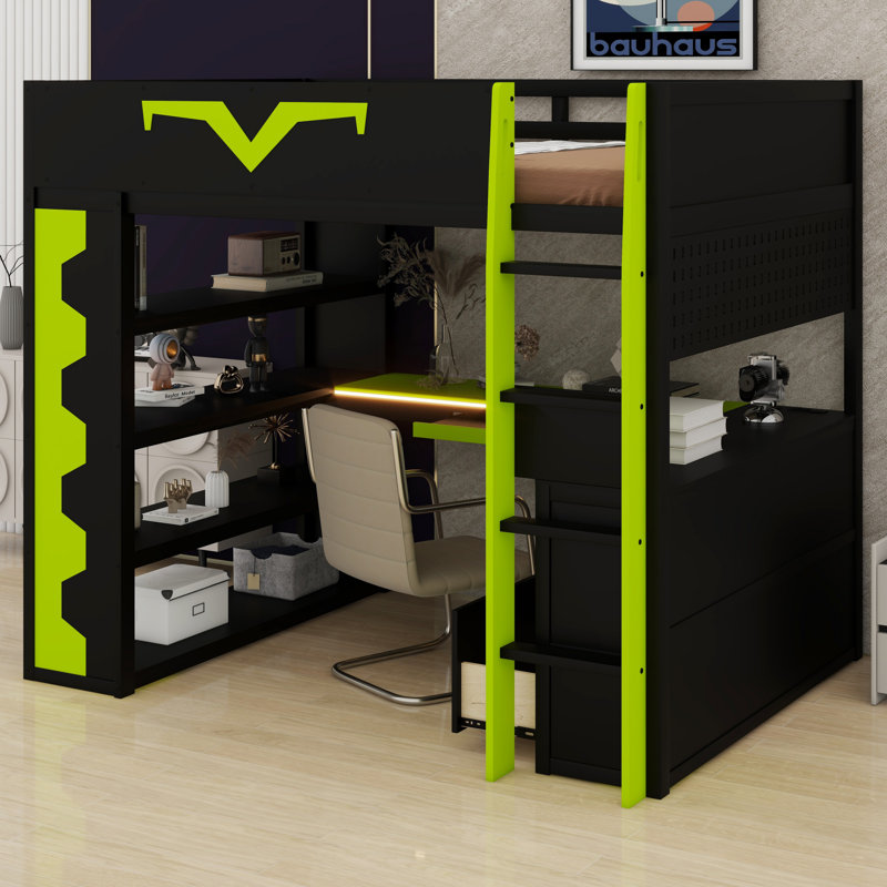 Lit mezzanine RVB avec bureau intégré, plateau pour clavier, prise de courant, tiroir et tablettes, Vert