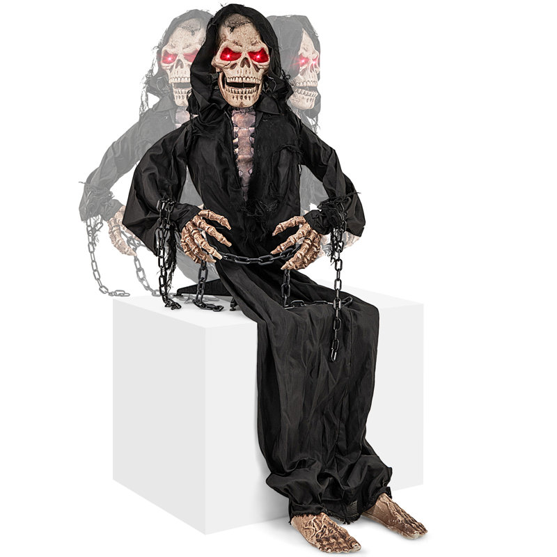 Figurine animée d'Halloween animatronique squelette animée assise d'Halloween avec yeux illuminés