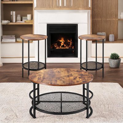 Round Coffee Table Set with Shelves, 3 Pieces, Brown Wood Grain with Black-Toned Metal Legs, Open Storage for Living Room