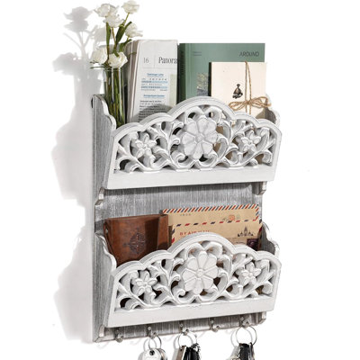 Porte-clés et porte-courrier mural, organisateur de courrier à 2 fentes avec 5 crochets à clés, porte-clés en bois, classeur à lettres mural, porte-clés pour entrée et décoration intérieure, très large (très grand)