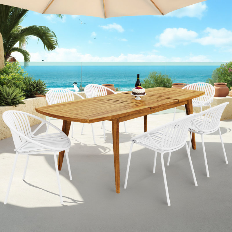 Ensemble repas d'extérieur moderne 7 pièces - Table extensible en acacia et chaises empilables résistantes aux intempéries