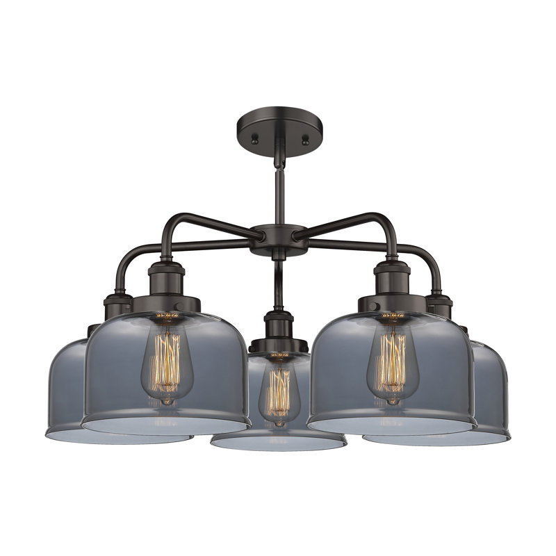 Lustre en verre à 5 lumières Bell, Plaqué couleur fumée, Bronze huilé