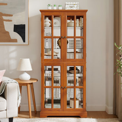 Vintage Curio Display Cabinet with Glass Doors - Antique Showcase for Collectibles, Four Adjustable Shelves, E26 Bulb Included, Perfect for Home or Office Decor-DARK OAK