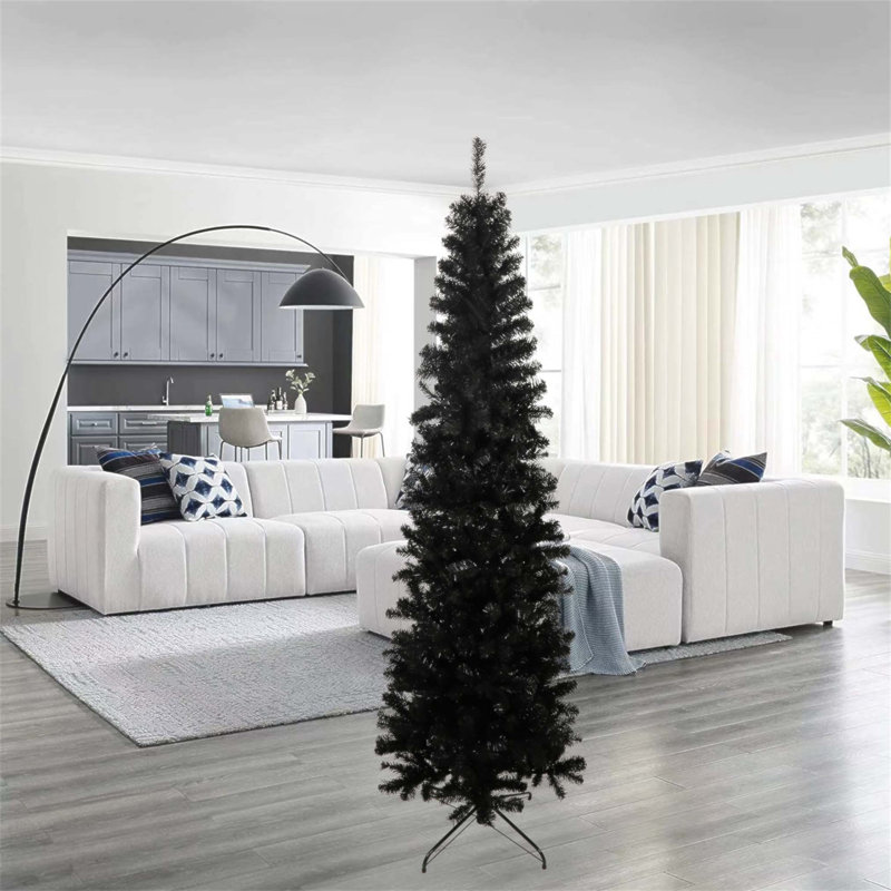 Arbre de Noël artificiel noir 7,5 pi avec base en métal pliable pour espaces compacts