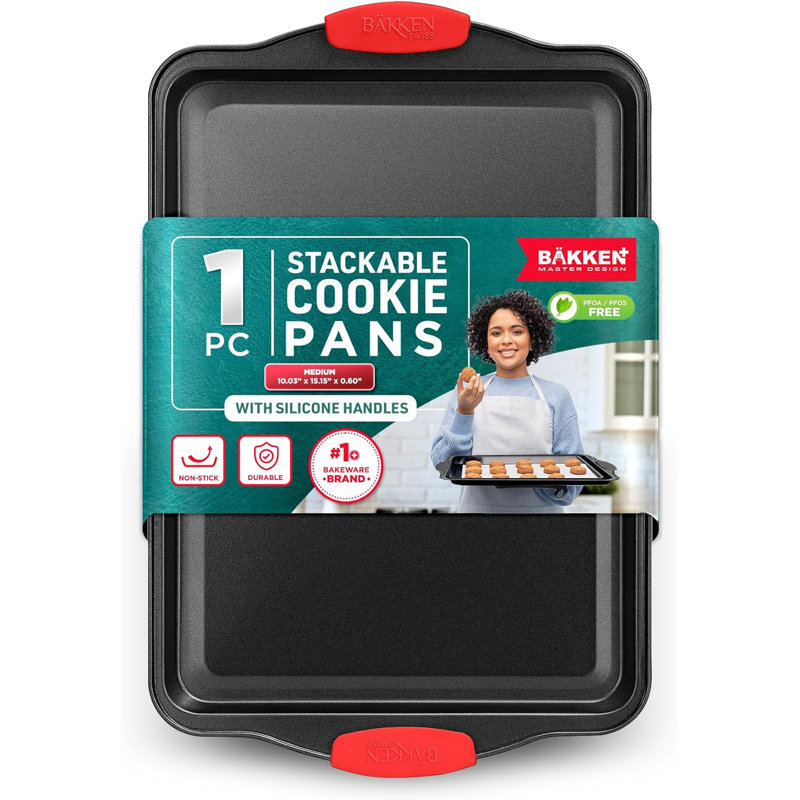 Bakken Medium Nonstick Baking Pan 15.15 X 10.03", Carbon Steel Cookie Sheet With Red Silicone Handles, Oven Safe To 450°f