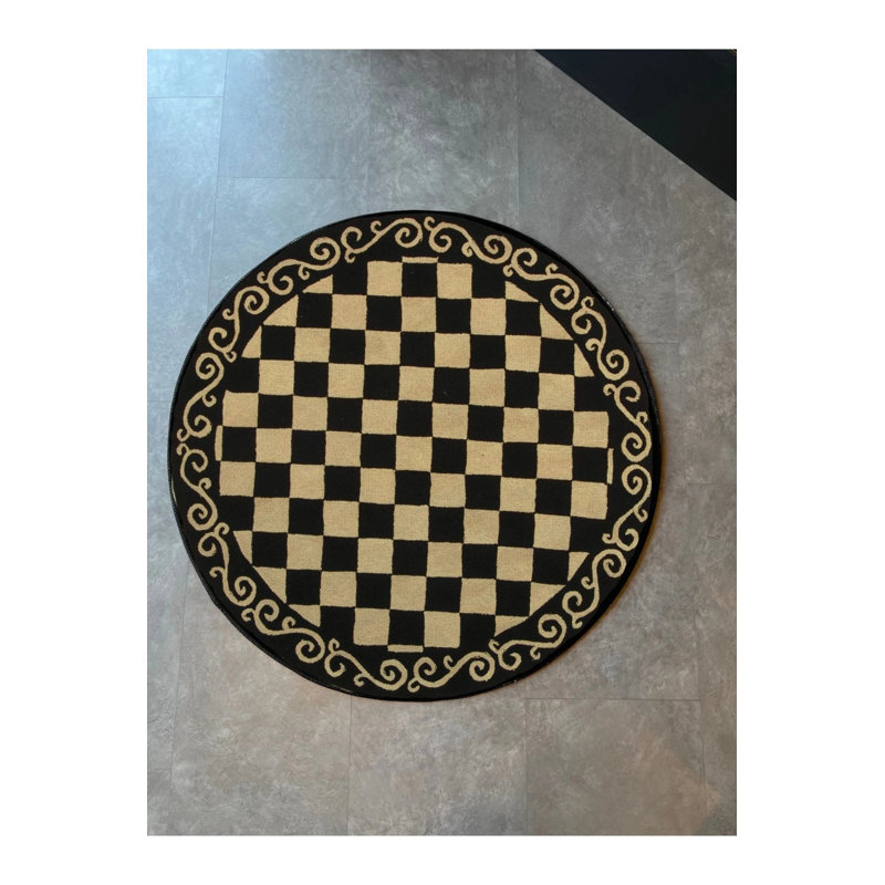 Black And Beige Woven Carpet With Round Checkerboard Pattern, Round 3'4"