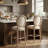 Set of 2 French Country Wood Bar Stools with Upholstered Beige Seats, for Kitchen Island and Breakfast Nook