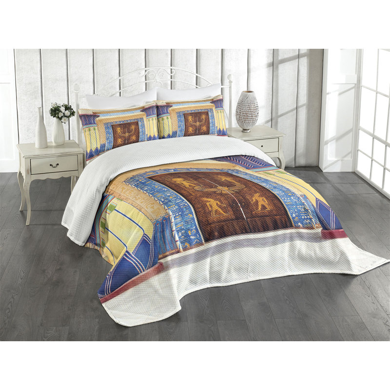 Ambesonne Egyptian Bedspread Set Egypt Building Multicolor, King Coverlet / Bedspread + 2 Standard Shams