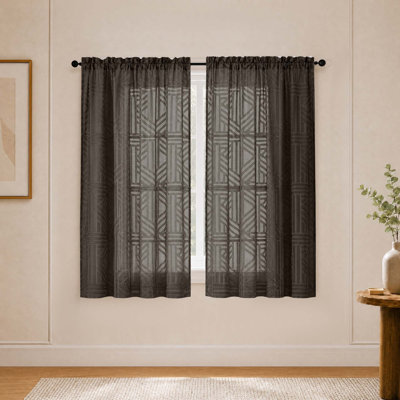 Chocolate Semi Sheer Curtains 45 Inch Length 2 Panels, Geometric Jacquard Clip Textured Short Sheer Curtains for Bedroom，Morden Elegant Window Curtains Drapes/Treatment Sheer，42x45 inch