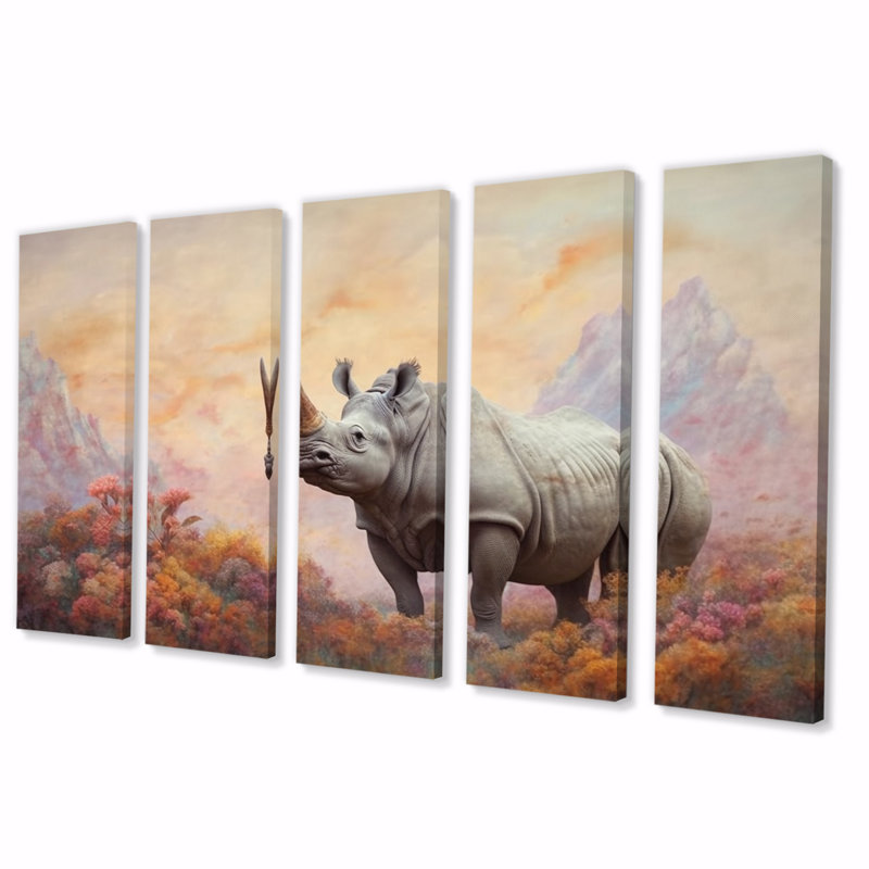 Wild Rhinoceros I - décoration murale animaux - 5 panneaux égaux