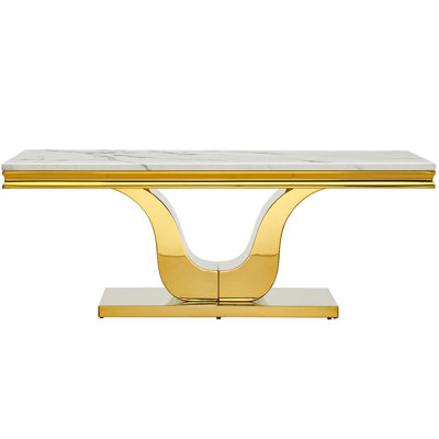 46.85" Coffee Table with White Marble Top, Modern Rectangular Faux Marble Coffee Table with Single U-shaped Stainless Steel Pedestal, Luxury Cocktail Center Table for Living Room Office